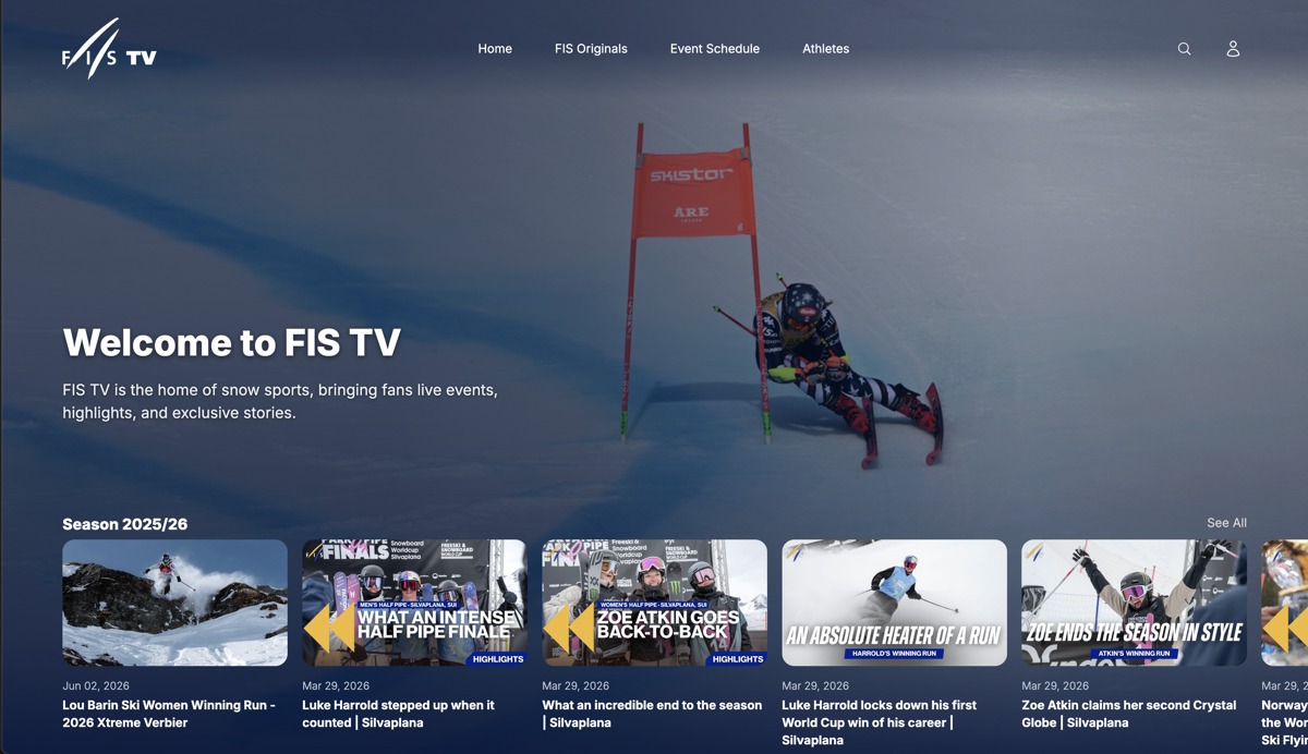 The FIS TV homepage on the renewed platform
