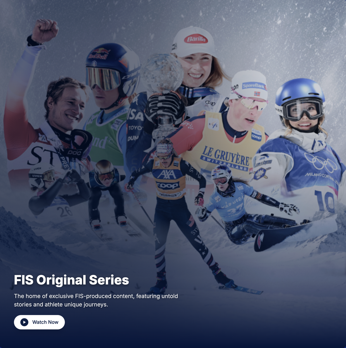 FIS Original Series banner on FIS TV, showing a collage of skiing and snowboarding athletes with a Watch Now button