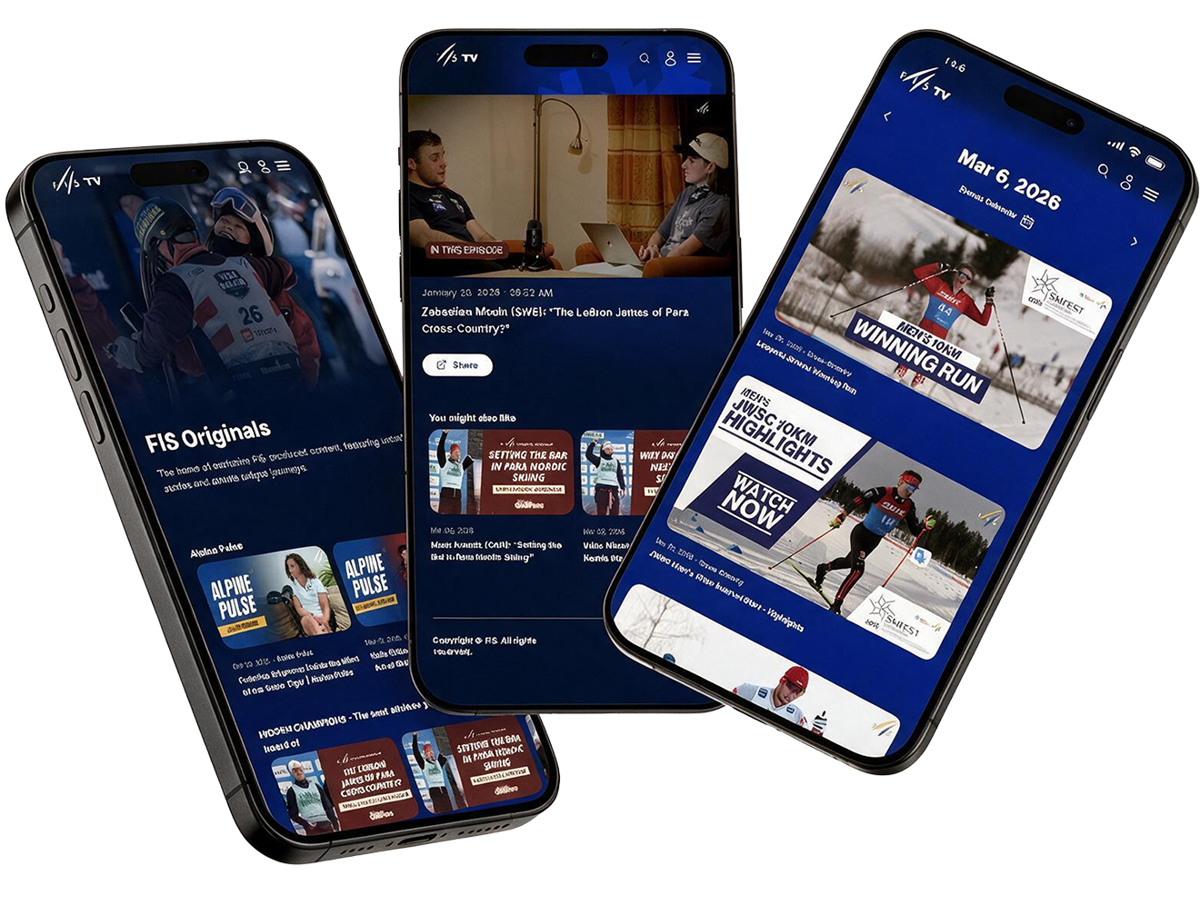 Three phones showing the FIS TV mobile app: FIS Originals, an episode page and the event calendar