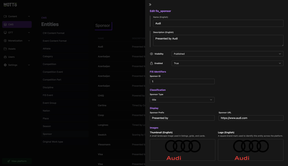 The Motto CMS sponsor entity editor for FIS TV, configuring Audi as a title sponsor with its prefix, URL, thumbnail and logo, over a list of sponsors such as Longines, Swatch and Visa