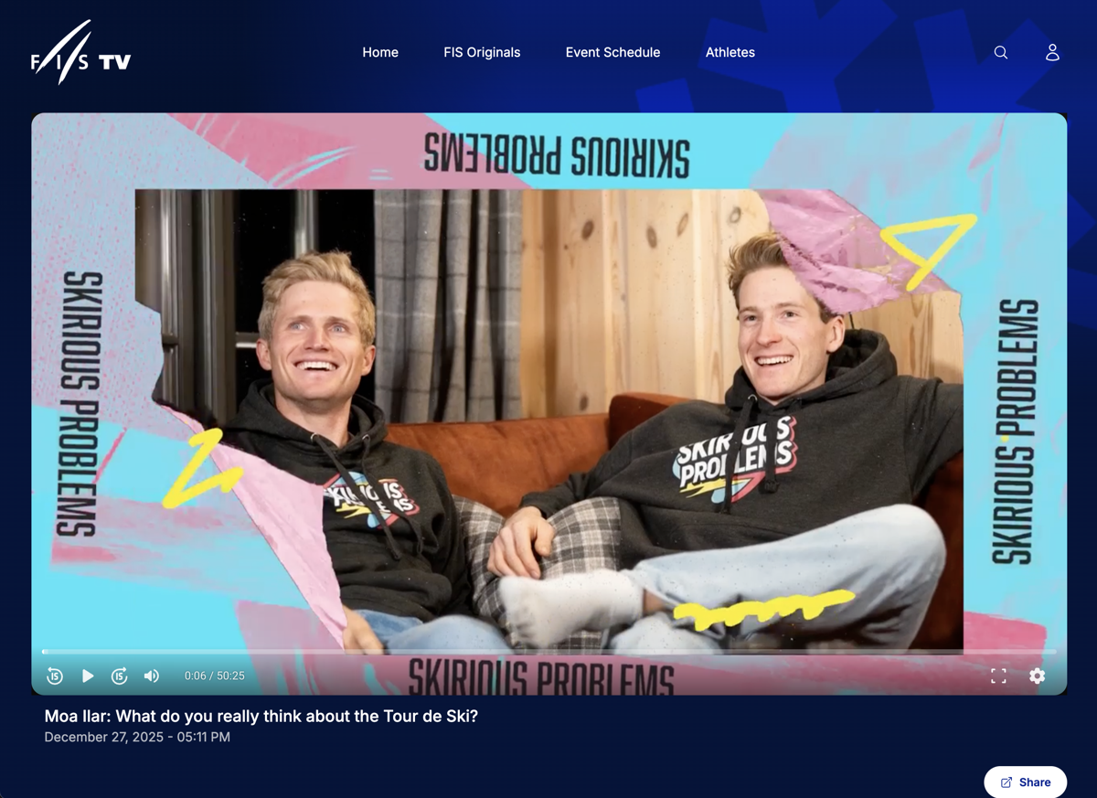 A FIS Originals episode playing on FIS TV: two athletes laughing on a sofa in the Skirious Problems show